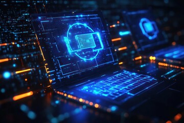 Poster - Futuristic Data Exchange Visualization with Glowing Laptops and Circular Flow on Dark Background