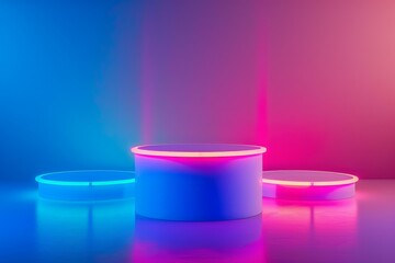 Poster - Three empty illuminated podiums stand on a vibrant blue and pink neon background, creating a modern and futuristic presentation space