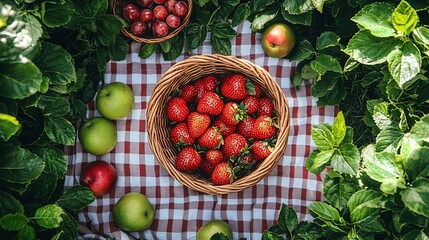 Wall Mural - Fresh strawberries in a wicker basket on a picnic blanket surrounded by green leaves and other fruits.