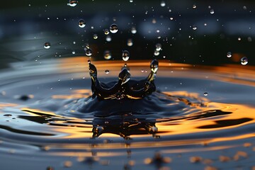 Poster - Crown shaped water splash creating ripples with golden sunset reflection