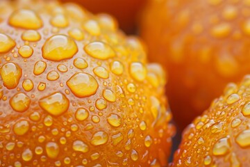 Poster - Close up of glistening water droplets clinging to a vibrant orange surface, creating a textured pattern of freshness