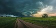 © Helen-HD - Dark storm clouds loom over a winding dirt road surrounded by lush fields, illuminated by the warm glow of the setting sun in the background