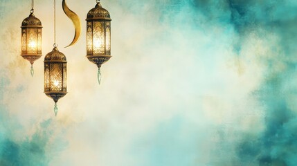 Wall Mural - ramadan abstract background. featuring soft greens, golds, and blues. highlighting peace, reflection