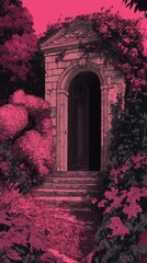 Wall Mural - Stone Archway Garden Entrance Pathway Pink Hues