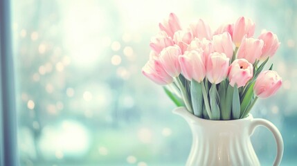 Wall Mural - A bouquet of pink tulips sits elegantly in a white vase next to a window, bringing a touch of spring to a rainy day ambiance