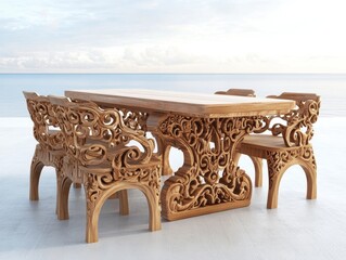 Wall Mural - Intricate Wooden Dining Set Near Ocean View