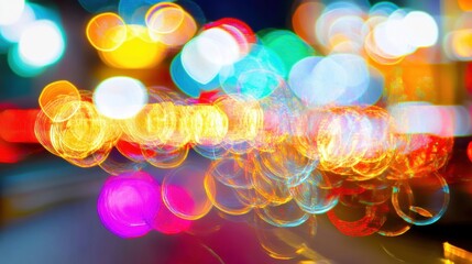 Poster - Vibrant lights swirl in an abstract motion blur, creating a lively nighttime atmosphere on a bustling city street