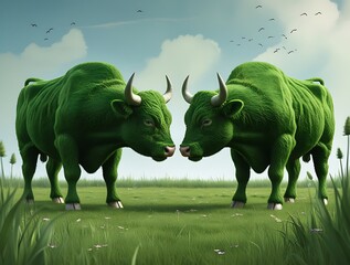 Wall Mural - Surreal green grass bulls facing off in a vibrant natural meadow representing eco-friendly creativity sustainable concepts environmental art and harmony between nature and modern innovative design ide