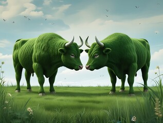 Surreal green grass bulls facing off in a vibrant natural meadow representing eco-friendly creativity sustainable concepts environmental art and harmony between nature and modern innovative design ide