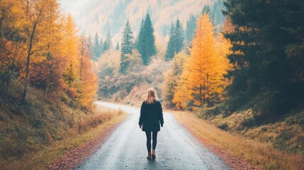 Wall Mural - A person strolls down a tranquil forest path lined with colorful autumn trees, enjoying the peaceful atmosphere and natural beauty