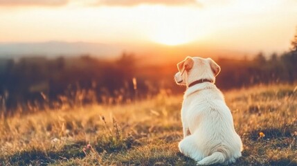 Wall Mural - A carefree dog sits peacefully, gazing at a vibrant sunset, surrounded by beautiful nature on an evening hike