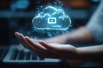 Poster - Holographic Cloud Download Icon with Hand Reaching for Data Transfer from Laptop