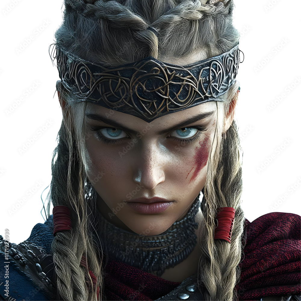 Brave Female Warrior with Braided Hair and a Headband, Wearing a Red ...