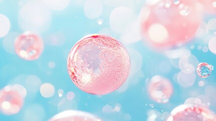 Poster - Pink bubbles gently float in clear liquid, creating a serene and colorful display against a soft blue backdrop, evoking a sense of calmness