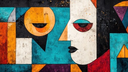 Poster - Geometric abstract art displays colorful shapes and human silhouettes, creatively organized on a dark background for a striking visual impact