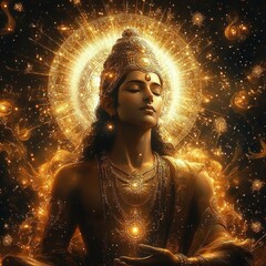 Divine Lord Vishnu Surrounded by Golden Patterns in Spiritual Fantasy Art Style