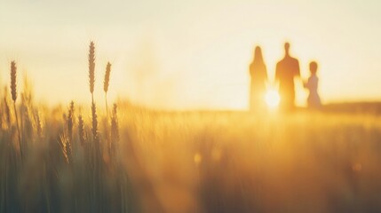 Wall Mural - family members stand together in a golden field as the sun sets, sharing a moment of joy and connect