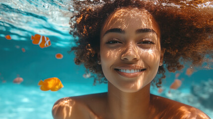 Afro woman swimming dive underwater at coral reefs with fishes