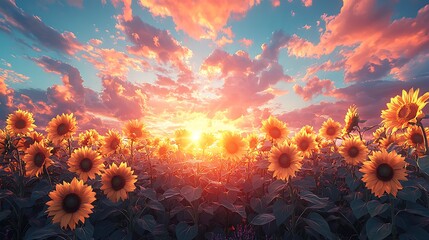 Wall Mural - vibrant sunset over a field of sunflowers.