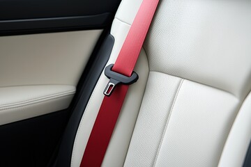 A close-up of a car seat featuring a red seatbelt against a light-colored leather interior, highlighting safety and comfort.