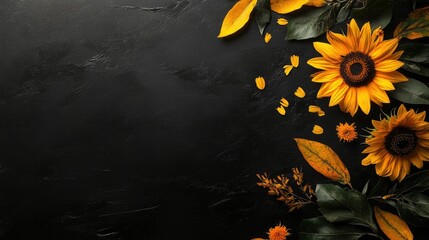 A bold composition of sunflower heads and cosmos flowers styled with scattered petals on a black background for a postcard-ready layout