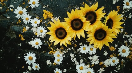 A bold composition of sunflower heads and cosmos flowers styled with scattered petals on a black background for a postcard-ready layout