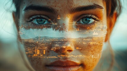 Poster - Urban reflection portrait of a woman with cityscape overlay outdoor setting artistic composition close-up view