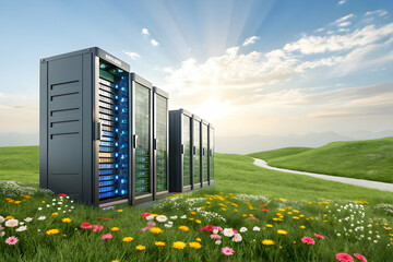 futuristic data center surrounded by lush green landscape and flowers