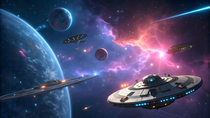 Wall Mural - Futuristic Spaceship Exploration in Vibrant Cosmic Landscape