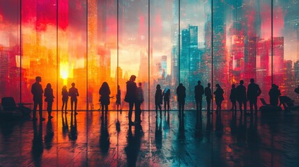 Aufkleber - silhouetted figures watching a vibrant sunset over a futuristic cityscape urban environment landscap