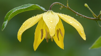 A minimalist close-up of a single dewy yellow ylang-ylang bloom climbing on a vine, set against a softly blurred green background