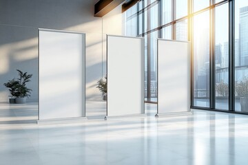 Poster - Modern Exhibition Space With Blank Roll-Up Banners and Large Windows