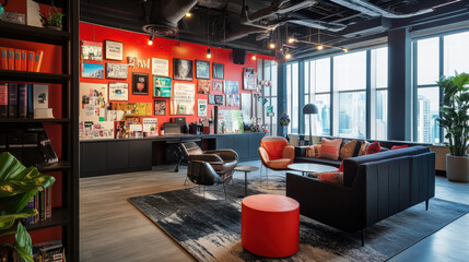 Wall Mural - Stylish remote office with vibrant message area, modern furniture, and large windows. perfect blend of comfort and creativity for productive work