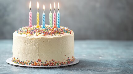 A vibrant and festive cake adorned with a rainbow of colorful sprinkles and topped with sparkling candles to bring joy and delight to any celebration.