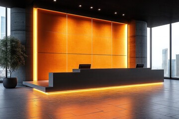 Poster - Modern Minimalist Gallery with Backlit Wall and City View