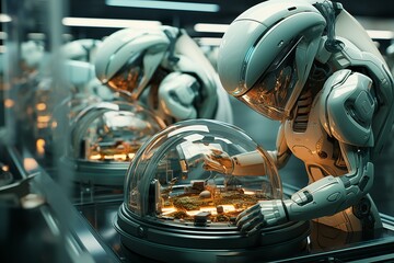 Poster - Advanced Robotics Engineers Assembling Futuristic Technology in a High-Tech Laboratory Environment
