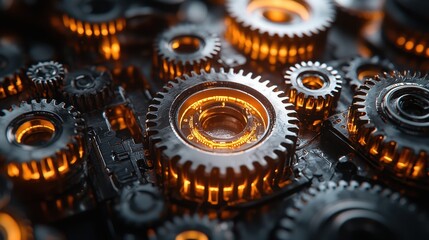 Poster - industrial gear mechanism close-up workshop photography dark environment macro view technology conce