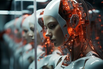 Poster - Futuristic Transparent Robot Analyzing High-Tech Equipment in a Laboratory Setting