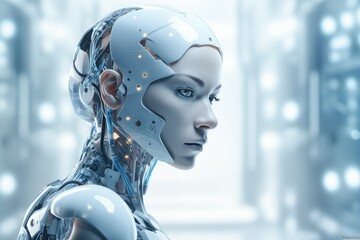Poster - Futuristic Humanoid Robot in a High-Tech Environment with Advanced Artificial Intelligence and Robotics