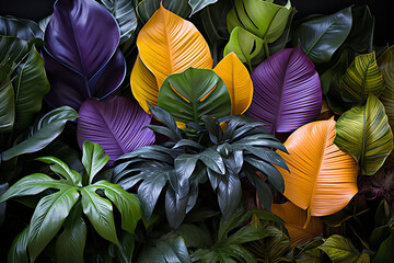 Wall Mural - realistics diverse foliage of tropical leaves is showcased against a pristine white backdrop, accentuating their vivid hues, unique forms, and overall variety