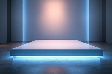 Poster - Elegant Minimalist Presentation Platform with Soft Blue Base in Modern Art Gallery