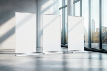 Poster - Minimalistic Exhibition Space with Blank Banners and Soft Natural Light