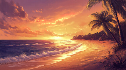 Sticker - picturesque tropical beach at sunset with vibrant colors and palm trees