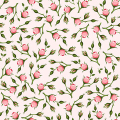 Wall Mural - floral seamless pattern with pink rose buds on a pink background. vector floral print