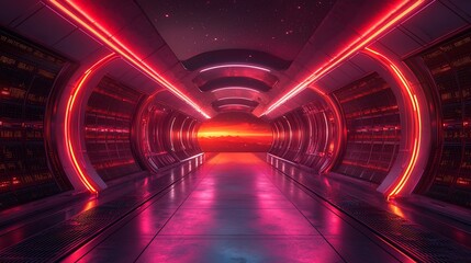 Futuristic red neon lit spaceship corridor with sunset view.