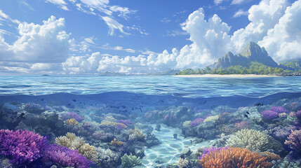 Sticker - tropical paradise with vibrant coral reefs and clear blue waters