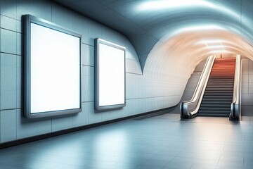 Poster - Minimalist Underground Station with Empty Advertising Frames and Staircase