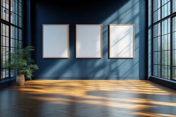Poster - Minimalistic Art Gallery with Empty Frames on Dark Wall and Natural Light Streaming Through Windows