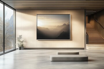 Poster - Blank Digital Screen in Modern Art Gallery with Natural Light and Minimalistic Design