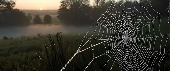 Wall Mural - Delicate spider webs glistening with dew drops in the early morning light